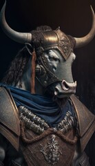 Cute Stylish and Cool Animal Bull Knight of the Middle Ages: Armor, Castle, Sword, and Chivalry in a Colorful and Adorable Illustration (generative AI)