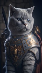 Fototapeta premium Cute Stylish and Cool Animal Chartreux Cat Knight of the Middle Ages: Armor, Castle, Sword, and Chivalry in a Colorful and Adorable Illustration (generative AI)