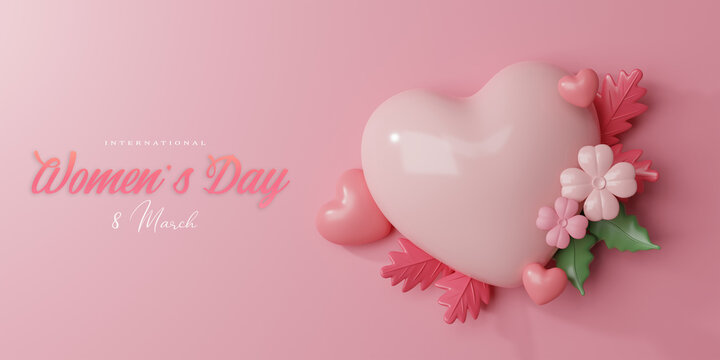 3d Rendering. Women's day design. Womens day greeting text with flowers background for woman international celebration.