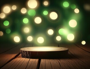 Close-ups of the scene illuminated by bokeh lights on wooden platforms on a green background for banners, parties, parties, celebrations, parties, dinners, romances. AI-generated images