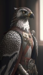 Cute Stylish and Cool Animal Hawk Knight of the Middle Ages: Armor, Castle, Sword, and Chivalry in a Colorful and Adorable Illustration (generative AI)