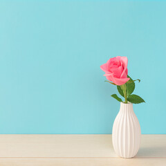 A rose in the vase on table and light blue wall background. テーブルの上の花瓶に入ったバラと水色の壁の背景素材