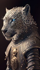 Fototapeta premium Cute Stylish and Cool Animal Leopard Knight of the Middle Ages: Armor, Castle, Sword, and Chivalry in a Colorful and Adorable Illustration (generative AI)