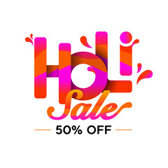 Holi Sale 50% off Logo, promotion, banner, Icon, Design, Sticker, Concept, Greeting Card, Template, Poster, Unit, Label, Web, Mnemonic with color splash typography. Celebration of Indian festival