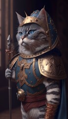 Cute Stylish and Cool Animal Minuet Cat Knight of the Middle Ages: Armor, Castle, Sword, and Chivalry in a Colorful and Adorable Illustration (generative AI)