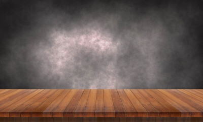 lonely empty wooden table on dark and smoky background to simulate your product.