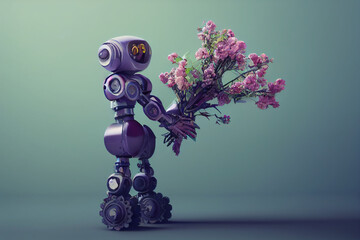 Little Robot with Flowers Bouquet, AI generative