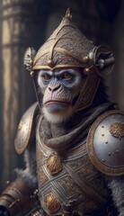 Cute Stylish and Cool Animal Monkey Knight of the Middle Ages: Armor, Castle, Sword, and Chivalry in a Colorful and Adorable Illustration (generative AI)