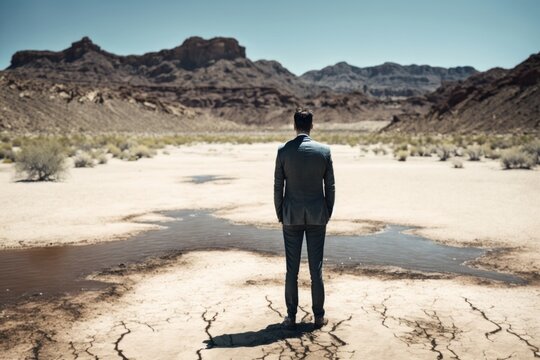 Man in business suit standing in front of dry colorado river, Generative Ai
