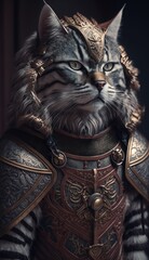 Fototapeta na wymiar Cute Stylish and Cool Animal Wild cat Knight of the Middle Ages: Armor, Castle, Sword, and Chivalry in a Colorful and Adorable Illustration (generative AI)