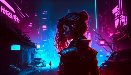 cyberpunk inspired art, neon city lights dark night and a redhead woman looking back at the camera