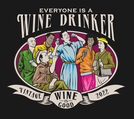 Obraz premium Bunch of people drinking wine in a vintage style illustration