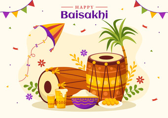 Happy Baisakhi Illustration with Vaisakhi Punjabi Spring Harvest Festival of Sikh celebration in Flat Cartoon Hand Drawn for Landing Page Templates