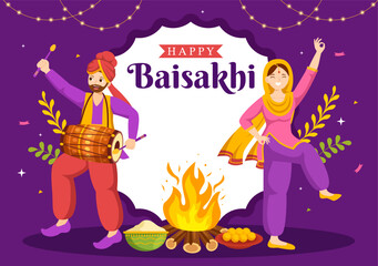 Happy Baisakhi Illustration with Vaisakhi Punjabi Spring Harvest Festival of Sikh celebration in Flat Cartoon Hand Drawn for Landing Page Templates