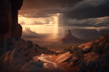 Photorealistic ai artwork of rainfall and waterfall in the desert canyonlands with storm weather. Dramatic studio-style image. Generative ai.