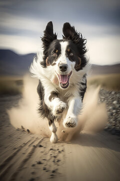 Photorealistic ai artwork of a border collie dog running on a dusty, dirt road towards the camera. Generative ai.