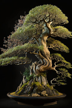 Photorealistic ai artwork of a banzai tree. Dramatic studio-style image. Generative ai.