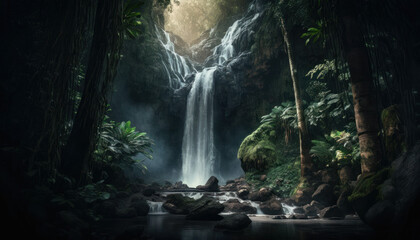 Realistic ai artwork of a rainforest waterfall for computer wallpapers or poster prints. Generative ai.