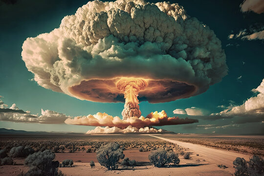 Ai art of a nuclear or atomic explosion over the desert. Generative ai.