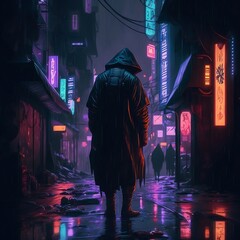 person in the night, rain in city, neon colors