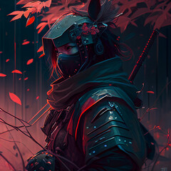 Futuristic Samurai in florest, red colors. AI digital illustration.