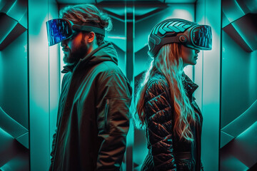 Obraz na płótnie Canvas illustration of a man and a woman wearing VR headsets and looking at the metaverse Generative AI