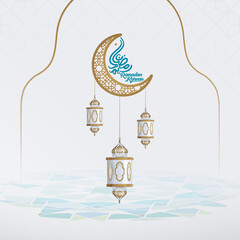 Ramadan Kareem arabic calligraphy islamic crescent and realistic white lanttern with arabic pattern