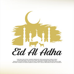 Obraz premium Happy Eid Al Adha Mubarak celebration banner with cow and goat background. Eid Al Adha Mubarak Muslim celebration day