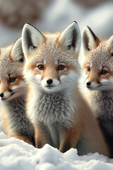A small group of tiny and cute foxes in the snow. AI-Generated