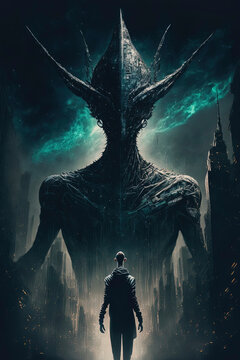 A superbly infinite alien martyr in a superbly interesting alien cityscape. AI-Generated