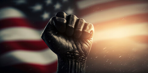 black human fist With American Flag Flies In The Sky With Blurred Bokeh And Sunlight Effect - Independence Day. AI-Generated - obrazy, fototapety, plakaty