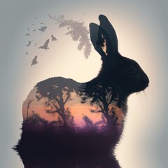 Cool and Beautiful Double Exposure Silhouette bunny Animal in Natural Habitat: A Colorful Illustration of Wildlife in Creative Photo Manipulation generative AI