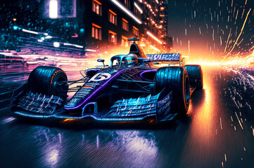 modern formula 1 sportscar in the city at night with neon lights. AI-Generated