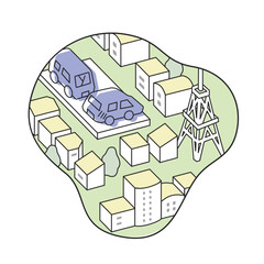 切り抜かれた風景。壊れた車のある街並み