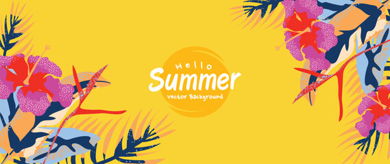 Summer tropical jungle yellow background vector. Colorful botanical with exotic plants, hibiscus, flowers, palm leaves, grunge texture. Happy summertime illustration for poster, cover, banner, prints.