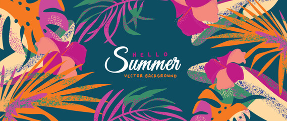 Fototapeta na wymiar Summer tropical jungle green background vector. Colorful botanical with exotic plants, hibiscus, monstera, palm leaves, grunge texture. Happy summertime illustration for poster, cover, banner, prints.