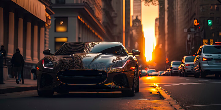 Future Sportscar makes a wild chase New york City, 42nd street with sunset in the background. AI-Generated