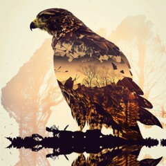 Cool and Beautiful Double Exposure Silhouette Falcon Animal in Natural Habitat: A Colorful Illustration of Wildlife in Creative Photo Manipulation generative AI