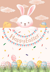 Easter card featuring bunnies and chicks, bunting flags and paper flowers for a sense of joy