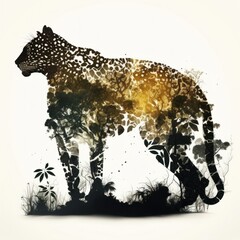 Cool and Beautiful Double Exposure Silhouette Leopard Animal in Natural Habitat: A Colorful Illustration of Wildlife in Creative Photo Manipulation generative AI