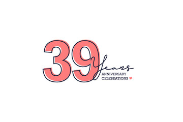 39 year anniversary. Anniversary template design concept with golden ribbon for birthday celebration event, invitation card, greeting card, banner, poster, flyer, book cover. Vector Template