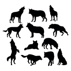 Wolf animals silhouette set for cutting, stencil templates and decals