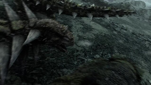 POV of a t rex carnivorous dinosaur trying to bite and kill an herbivore ankylosaurus, dinosaur hunting