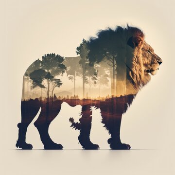 Cool and Beautiful Double Exposure Silhouette Lion Animal in Natural Habitat: A Colorful Illustration of Wildlife in Creative Photo Manipulation generative AI