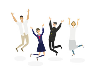 ばんざいしながらジャンプをして喜ぶ4人家族のベクターイラスト