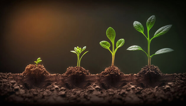 A metaphor for business growth and development. Four young plant each next one is higher than the previous one, in the daylight on nature background. AI.
