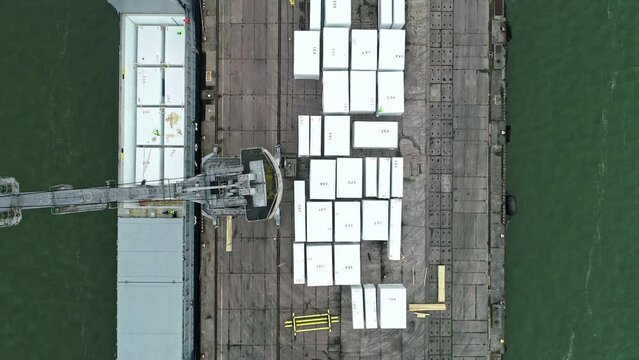 Top-down aerial view of Liepajas SEZ revealing containers, Latvia.