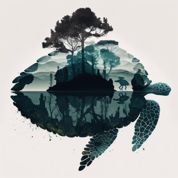 recommend clip art: Cool and Beautiful Double Exposure Silhouette sea turtle Animal in Natural Habitat: A Colorful Illustration of Wildlife in Creative Photo Manipulation generative AI