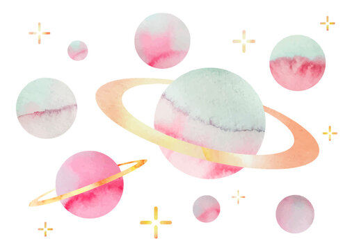 Pink planets painted with watercolor