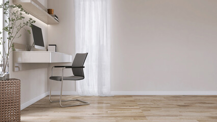 Minimal built in beige working desk with computer, shelf, black steel chair, blank cream wall, parquet floor in sunlight from window with white curtain for interior design decoration background 3D - obrazy, fototapety, plakaty